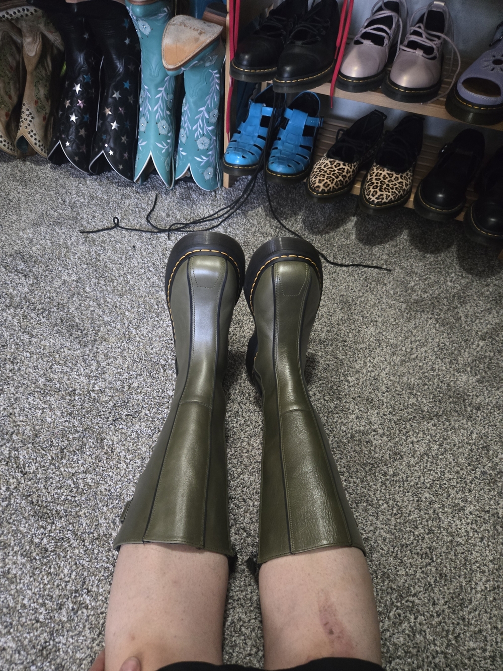 Dr. Martens Olive Green Leather Knee-High Zip Boots with Yellow Stitching - Picture 6 of 16